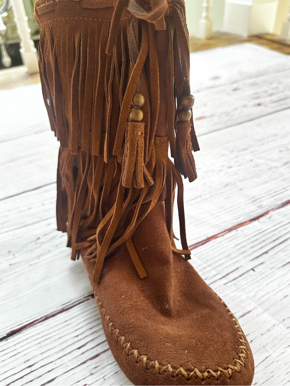 Women's Brown Suede Fringe Moccasin Boots - Picture 5 of 7